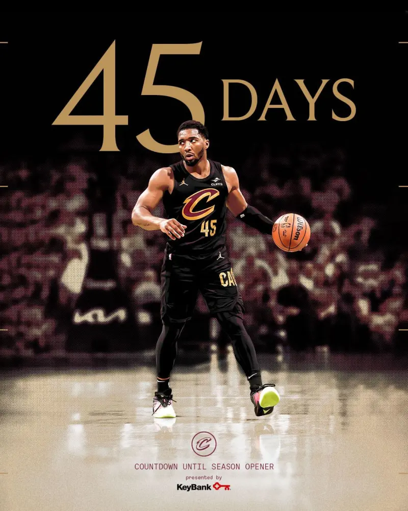 熊猫体育资讯：流言板]还有45天！骑士社媒晒新赛季倒计时海报米切尔出镜(图1)