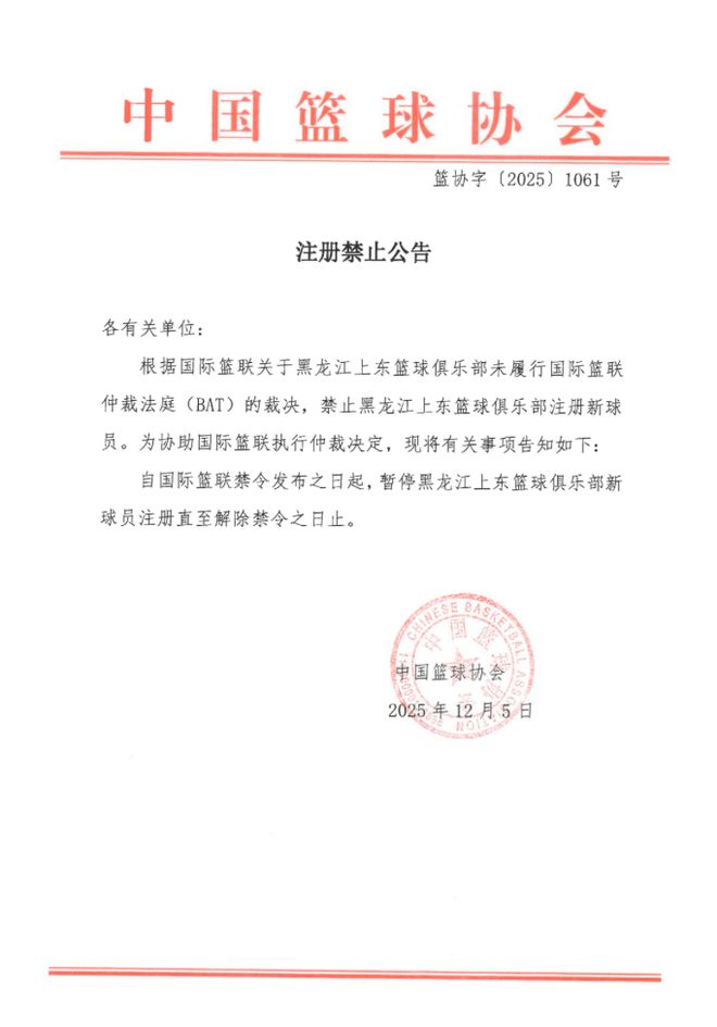 中国篮协：暂停黑龙江上东篮球俱乐部新球员注册(图1)
