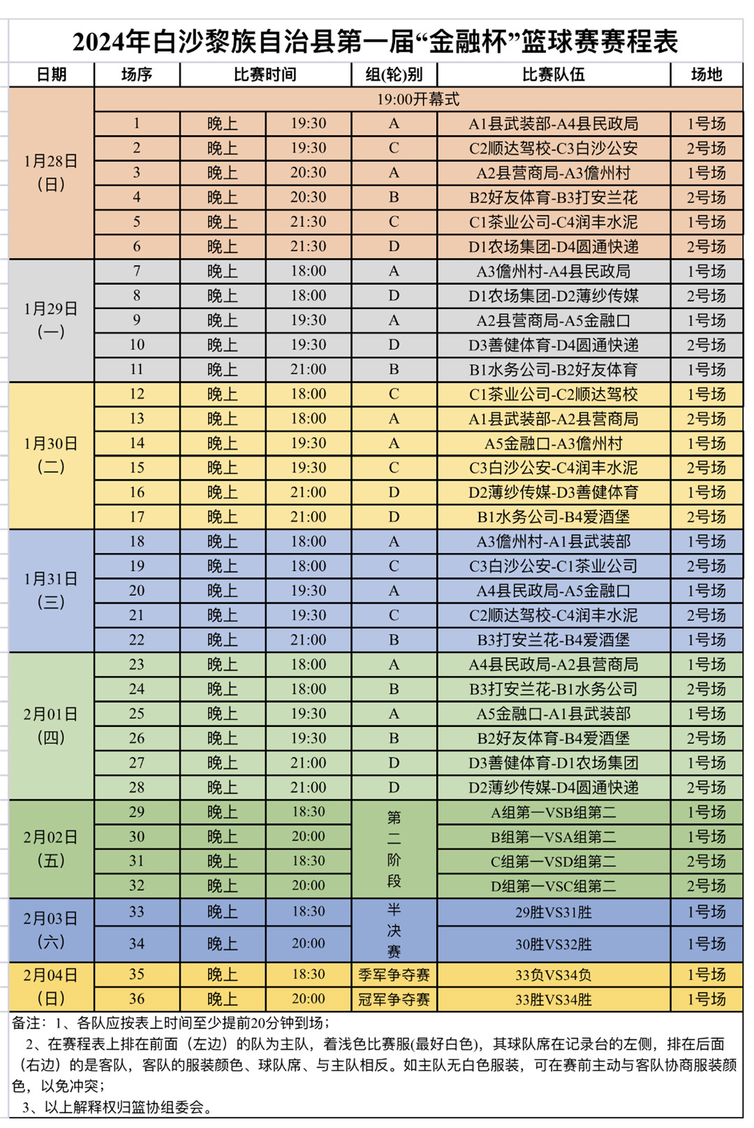 今晚鸣哨！2024年白沙“金融迎春杯”男子篮球赛赛程出炉(图2)
